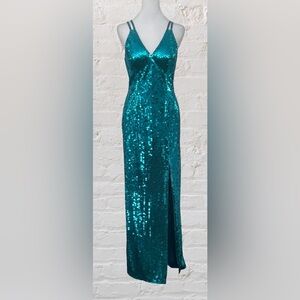 Vintage Adrianna Papell Sequin Aqua Cocktail Dress Gown Sz 8 M Babydoll 90s Y2K